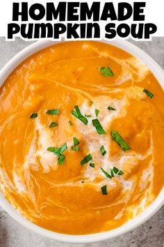 Overhead view of homemade pumpkin soup with herbs on top. Fall Creamy Soup Recipes, Fresh Pumpkin Soup Recipe Easy, Pumpkin Soup With Fresh Pumpkin, Pumpkin Puree Soup Recipe, Punkin Soup Recipe, Savory Pumpkin Soup, Pumpkin Pie Soup Recipe