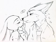 a black and white drawing of a fox kissing a teddy bear's nose with another animal in the background