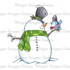 a snowman with a hat and scarf on it's head, holding a small bird