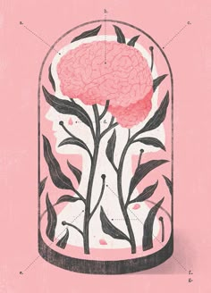 a drawing of a human brain in a glass jar with leaves and stems inside on a pink background