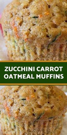 zucchini carrot oatmeal muffins are stacked on top of each other