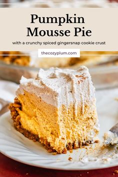 This fluffy pumpkin mousse pie is a no bake recipe that is much lighter than a classic pumpkin pie. It hosts a crunchy spiced gingersnap cookie crust, airy pumpkin spice mousse, and cinnamon maple whipped cream topping. This easy pumpkin dessert is perfect to make for a busy Thanksgiving holiday, utilizing classic fall flavors with updated textures. Pumpkin Pie Recipe No Crust, Pumpkin Pie No Cinnamon, Alternatives To Pumpkin Pie, Pumpkin Silk Pie Recipe, Pumpkin Whip Pie, Pumpkin Cream Pie With Ginger Snap Crust, Pumpkin Pie No Condensed Milk, Coco's Harvest Pumpkin Pie Recipe, Pumpkin Marscapone Pie