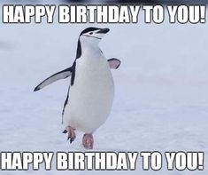 a penguin is walking in the snow with its feet up and it says happy birthday to you