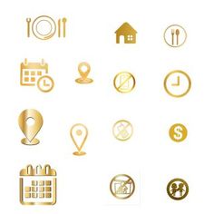 the golden icons are arranged in different styles and sizes, including one for each location