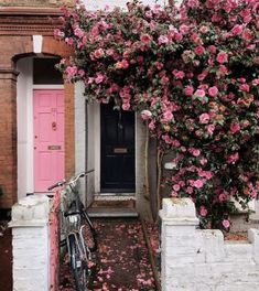 a bicycle parked in front of a pink door with flowers growing on the side of it