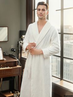 Russoo - Mens Cozy Solid Fleece Robe: One-Piece Lace-Up Kimono Nightwear Set with Pockets, Ideal for Relaxing at Home or Post-Bath Comfort White Winter Sleepwear For Relaxation, Winter White Sleepwear For Relaxation, White Long Sleeve Sleepwear For Relaxation, White Long Sleeve Sleepwear For Lounging, Cozy Long Sleeve Robe For Home, Long Sleeve Winter Sleep Robe, Fitted Winter Sleepwear For Relaxation, Winter Cotton Sleep Robe, Winter Sleep Cotton Robe