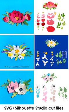 paper flowers and leaves cut out on blue background