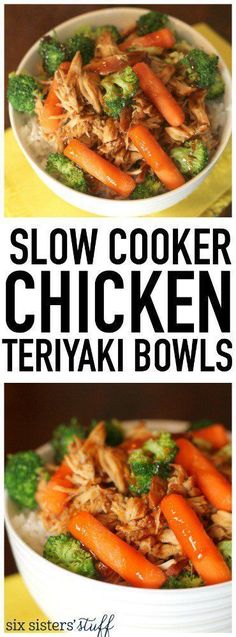 two pictures of slow cooker chicken teriyaki bowls with broccoli and carrots