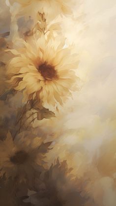 an abstract painting of sunflowers in yellow and brown