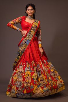 Shop for these amazing collections of Red Chennur Silk Hand Painted Kalamkari Ajantha Geometric Gathered Lehenga Set For Women by aindhri by mahitha online at Aza Fashions. Half Saree, Bridal Lehenga