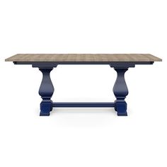 a wooden table with two blue legs and a wood top on an isolated white background