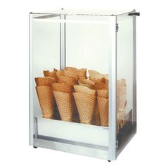 an ice cream display case filled with cones