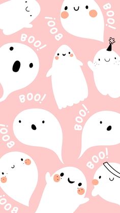 a pink background with ghost faces and boo boos on it's face, the words boo boo written in white