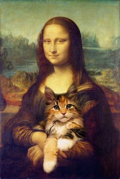 a cat sitting on top of a woman's chest in front of a painting