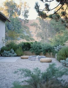 an outdoor area with gravel, rocks and trees