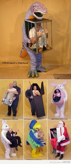 there are many pictures of people dressed as animals and dinosaurs in costumes that look like they're talking to each other