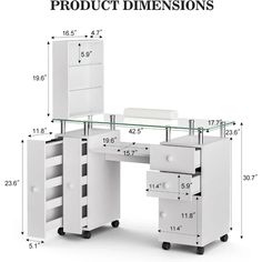 an image of a white desk with drawers and shelves on it, labeled product dimensionss