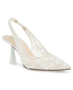 a pair of white shoes with lace on the heel and sling straps, all in satin fabric