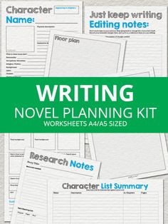 writing novel planning kit for kids and adults with the title,'writing novel planning kit worksheets aaas sized '