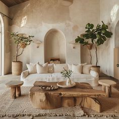 a living room filled with furniture and potted plants on top of it's tables