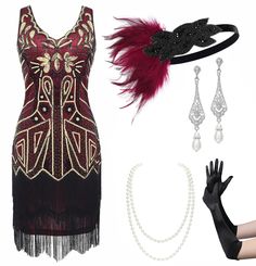 PRICES MAY VARY. Package Includes: Flapper dress * 1pc and one flapper set (including Headband * 1pc; Necklace * 1pc; Gloves * 1 pair; Earrings * 1 pair; Plastic Holder * 1pc.) Material: This 20's gatsby dress is made of Polyester fabric and soft fringe, beads & sequins. Size: Please refer to the “Dress Size Chart” on the last image for your best fit before purchasing. Headband is one size with elastic or ribbon band; Necklace length-55"; Gloves length-21.6"; Plastic holder length-12.9". Design: Gatsby Style Fitted Costume Dress, Fitted Gatsby Style Costume Dress, Red Fitted Vintage Flapper Dress, Great Gatsby Dress, Fringe Accessories, Art Deco Party, Great Gatsby Dresses, Flapper Dresses, Fringe Flapper Dress