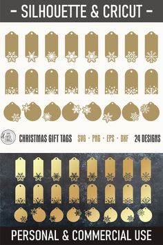 a poster with gold foil on it that says silhouette & cricut christmas tags and commercial use