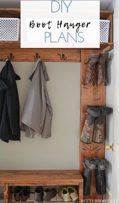 a coat rack with shoes and boots hanging on it's sides, in front of a white wall that says diy boot hanger plans