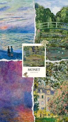 four different paintings with the words monet on them