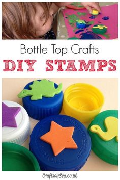 bottle top crafts for kids to make with their own hands and feet, including stamping