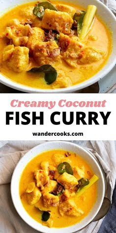 creamy coconut fish curry in a white bowl