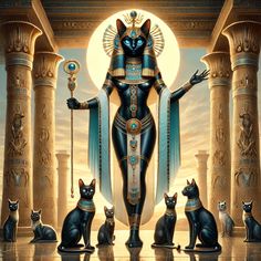 an egyptian goddess surrounded by cats