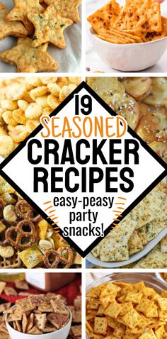 several different types of crackers are shown in this collage with the words 19 seasoned cracker recipes easy - peasy snacks