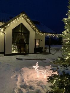 a house with christmas lights on it and a deer in the snow next to it