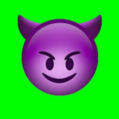 a purple devilish smiley face with horns on it's head, against a green background