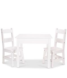 a white table and two chairs sitting next to each other in front of a white background