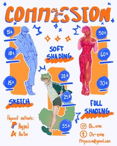 a poster with different types of clothes and numbers on it's front side, including the words comission