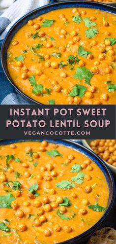 instant pot sweet potato lentil soup with cilantro and parsley on top