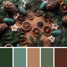 the color scheme is green and brown with pine cones, oranges, and other decorations