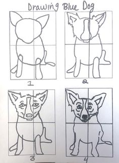 the instructions for how to draw a dog with four different shapes and sizes on it