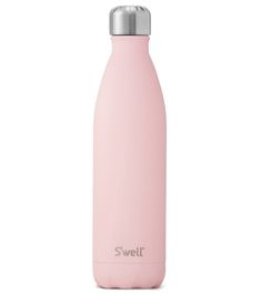 a pink stainless steel water bottle with the word swell printed on it's side