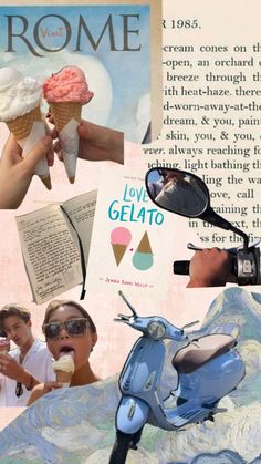 a collage of images including an ice cream cone, sunglasses and a scooter