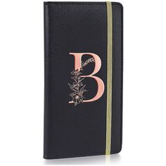 a black wallet with the letter b on it and gold trimming around the edges