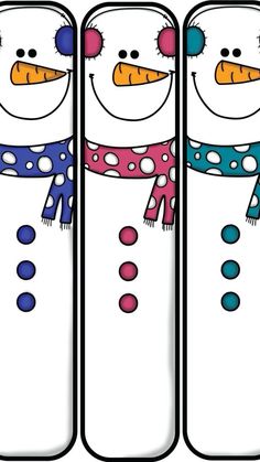 four snowmen are lined up in the same row, one is wearing a scarf