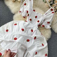 Cherry And Strawberry Kawaii Embroidery Vintage Dress on Luulla Strawberry Dress Aesthetic, Kawaii Embroidery, Strawberry Clothing, Strawberry Outfit, Short Maxi Dress, Dresses Cotton, Korean Clothes, Strawberry Dress, Cherry Dress