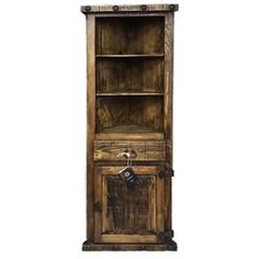 an old wooden bookcase with a lock on the door and key in front of it