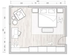 the floor plan for a small bedroom with a bed, couch and desk in it