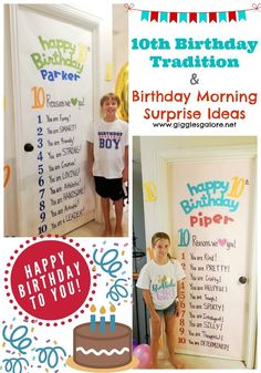 two children standing in front of a birthday door with the words happy birthday written on it