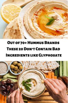 hummus and olives with the text out of 70 + hummus brands these 20 don't contain bad ingredients like glyphosate