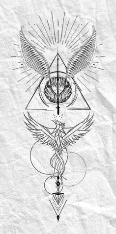 a drawing on paper with an image of a bird, triangle and two snakes in the middle