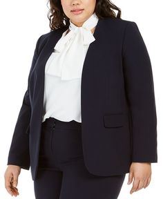 Fuss-free lines and an open silhouette flatter on this smart plus size blazer by Bar III. Shoulder pads structure the look for office-ready style.| Open neckline and front; no closure| Lined| Shoulder pads| Imported| | Pocket flaps at front Navy Blazer Outfits, Aesthetic Bar, Trendy Blazers, Core Wardrobe, Plus Size Blazer, Open Front Blazer, Style Savvy, Office Business, Womens Blazers